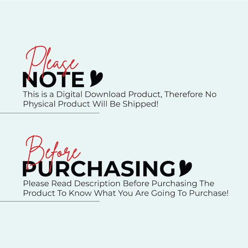 May include: A digital download product notice with the words "Please NOTE" in black and red script. The text below states that no physical product will be shipped. Another section reads "Before PURCHASING".