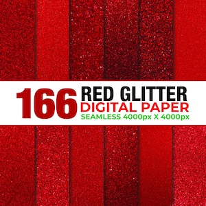 May include: A digital paper set featuring 166 red glitter designs. The image showcases various shades and textures of red glitter, with a white banner displaying the product details: "RED GLITTER DIGITAL PAPER SEAMLESS 4000px X 4000px".