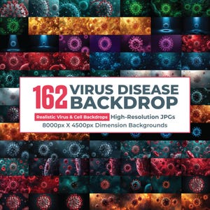 Puede incluir: Una colección digital de 162 fondos de enfermedades virales con imágenes realistas de virus y células en varios colores. El cuadro de texto blanco central muestra 162 VIRUS DISEASE BACKDROP, Realistic Virus & Cell Backdrops, 8000px X 4500px.
