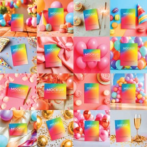 May include: A collection of colorful mockup cards with a gradient design, featuring the text "MOCKUP PLACE YOUR DESIGN HERE". The cards are displayed with party decorations like balloons, cupcakes, and confetti, suggesting a celebratory theme.