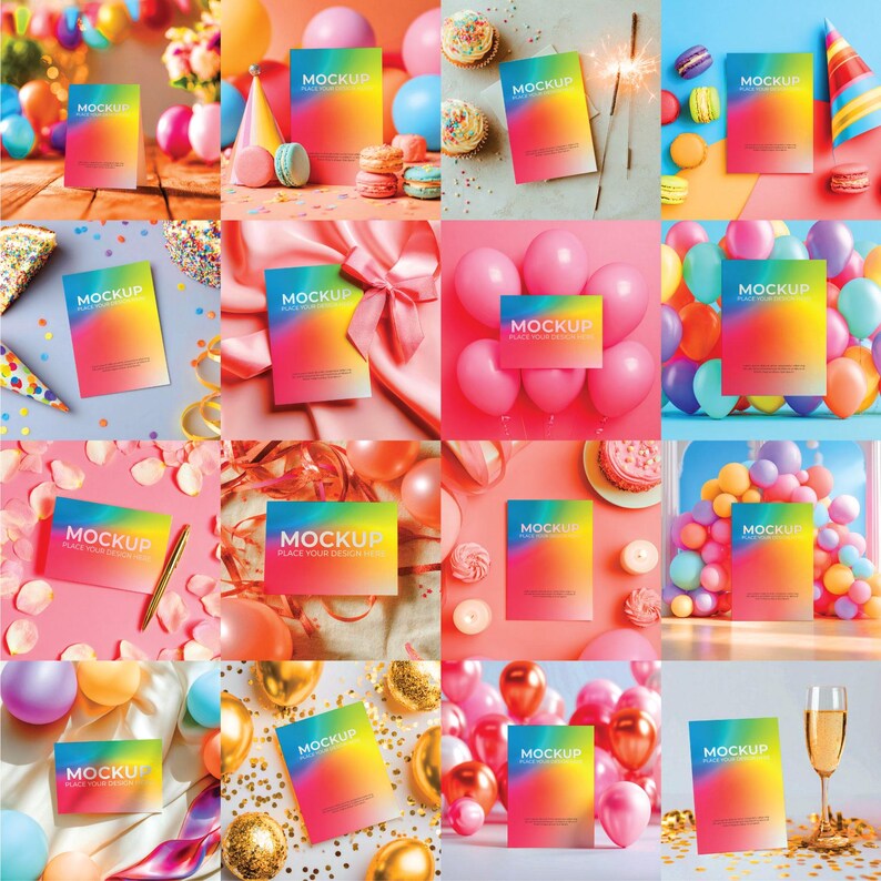 May include: A collection of colorful mockup cards with a gradient design, featuring the text "MOCKUP PLACE YOUR DESIGN HERE". The cards are displayed with party decorations like balloons, cupcakes, and confetti, suggesting a celebratory theme.