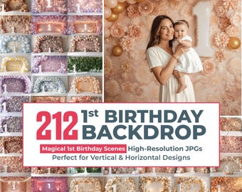 Pakiet 212 zdjęć tła na pierwsze urodziny w formacie JPG, tło na pierwsze urodziny, tło urodzinowe, cyfrowe tło z balonami, urodziny dziecka
