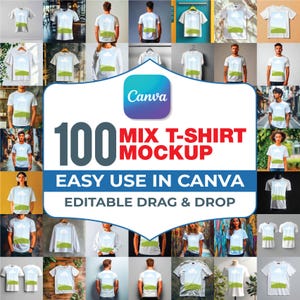 May include: A digital collection of 100 t-shirt mockups featuring various white shirts displayed on diverse individuals and hangers, all showcasing a central graphic of a blue sky with a white cloud over a green hill, labeled for Canva use.