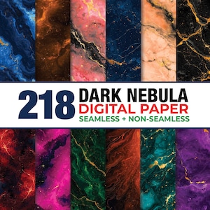 Könnte beinhalten: Eine Sammlung von 218 digitalen Papieren mit dunklen Nebel- und Marmormustern in verschiedenen Farben wie Blau, Rot, Pink, Grün und Violett mit Goldadern. Der Text lautet 218 DARK NEBULA DIGITAL PAPER SEAMLESS + NON-SEAMLESS.