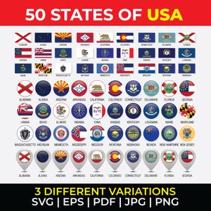 50 USA States or Territories Flags Bundle Svg, America United States Flags, USA Capital and States flags Collection, 50 US State Flags