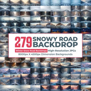 Puede incluir: Una colecci&oacute;n de 279 fondos de carreteras nevadas. La imagen presenta una cuadr&iacute;cula de varias escenas de paisajes invernales con carreteras cubiertas de nieve. El texto en la imagen dice "SNOWY ROAD BACKDROP" y "Winter Snow Road Backdrops High-Resolution JPGs 8000px X 4500px Dimension Backgrounds."