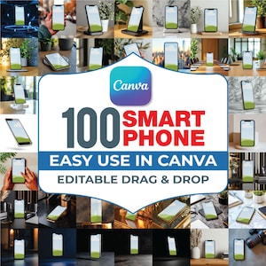 100種類のCanvaスマートフォンモックアップバンドル、カスタマイズ可能なCanva電話モックアップテンプレートバンドル、Canva電話画面モックアップ、Canva携帯電話モックアップ