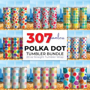 Puede incluir: Colección de vasos rectos de 20 oz con diseños de lunares coloridos. Los vasos presentan varias combinaciones de colores, incluyendo puntos rojos, azules, amarillos y verdes. La imagen también muestra el texto "307 seamless POLKA DOT TUMBLER BUNDLE".