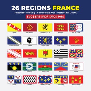 Könnte beinhalten: Grafik mit 26 Flaggen, die Regionen Frankreichs repräsentieren. Jede Flagge ist rechteckig und zeigt verschiedene Farben und Symbole. Der Text oben lautet "26 REGIONS FRANCE" und listet Dateiformate wie SVG, EPS und PNG auf.