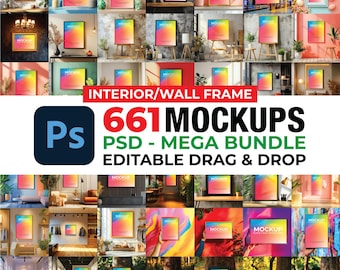 Może przedstawiać: Cyfrowa kolekcja 661 makiet wnętrz i ramek ściennych w formacie PSD. Grafika zawiera duże logo Photoshop, tekst 661 MOCKUPS PSD - MEGA BUNDLE EDITABLE DRAG & DROP oraz siatkę przedstawiającą różne przykłady oprawionych obrazów w pomieszczeniach.