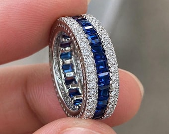 Lab Sapphire Eternity Band Ring | Sterling Silver Moissanite Accents, Bridal Wedding Stackable Anniversary Band