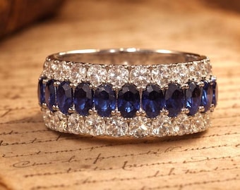 Lab Blue Sapphire Moissanite Eternity Band Ring, Sterling Silver, Vintage Wedding Anniversary Stackable Jewelry