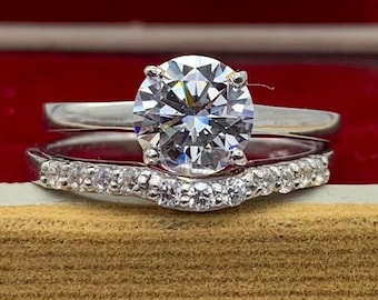 1.10 Carat Round Cut Moissanite Bridal Set | 925 Sterling Silver Halo Engagement Ring, Eternity Matching Wedding Band |  Moissanite Ring Set