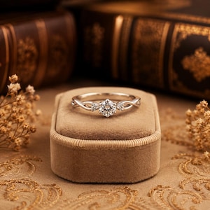 May include: A silver engagement ring with a central clear, round gemstone and smaller stones. The ring sits on a small, brown velvet ring box, against a gold embroidered backdrop, with antique books in the background.