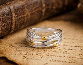 Sterling Silver Two Tone Crossover Band Ring, Modern Gold Accent, Stackable Everyday Jewelry