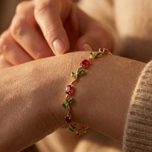 Ruby Emerald Leaf Bracelet, Gold Vine Bracelet, Red Green Gemstone Bracelet, Nature Inspired Jewelry, Botanical Tulip Bracelet Gift for her
