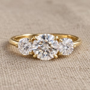 Round Moissanite Three Stone Ring, Sterling Silver Engagement Ring, Diamond Alternative Bridal Anniversary Gift