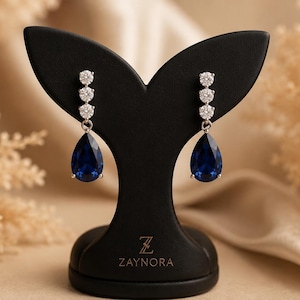 Lab Created Blue Sapphire Pear Drop Earrings, Moissanite Accents, 925 Sterling Silver