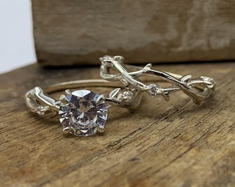 Runder Moissanite Ehering, Zweig Verlobungsring, 925 Sterling Silber Natur Inspiriert Braut Set, Rebe Blatt Versprechen Ring für Frauen