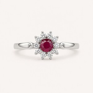 Natuurlijke ronde robijnrode halo-ring, 925 sterlingzilver Starburst-ontwerp met moissaniet