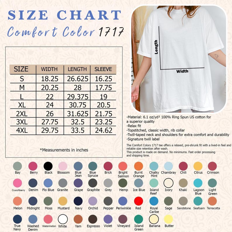 K&ouml;nnte beinhalten: Wei&szlig;es Comfort Colors 1717 T-Shirt mit Gr&ouml;&szlig;entabelle. Die Tabelle zeigt die Ma&szlig;e in Zoll f&uuml;r Breite, L&auml;nge und &Auml;rmell&auml;nge, von Gr&ouml;&szlig;e S bis 4XL. Das Shirt hat eine entspannte Passform und besteht aus 100 % ringgesponnener Baumwolle.
