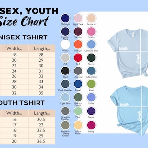 May include: A size chart for unisex and youth t-shirts. The chart includes measurements for width and length in inches, along with a colour palette. The text "UNISEX, YOUTH Size Chart" is at the top.