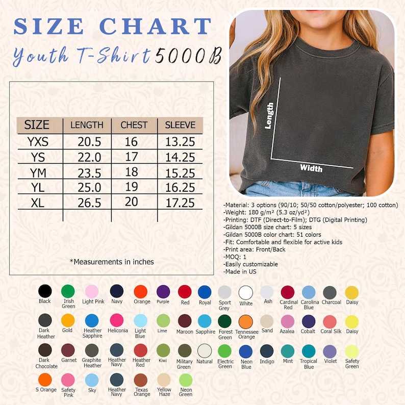 K&ouml;nnte beinhalten: Gr&ouml;&szlig;entabelle f&uuml;r ein Jugend-T-Shirt, mit Ma&szlig;en in Zoll f&uuml;r die Gr&ouml;&szlig;en YXS bis XL. Enth&auml;lt L&auml;ngen-, Brust- und &Auml;rmelma&szlig;e. Zeigt auch eine Farbkarte mit verschiedenen Optionen und Details zu Material, Druck und Passform des T-Shirts.