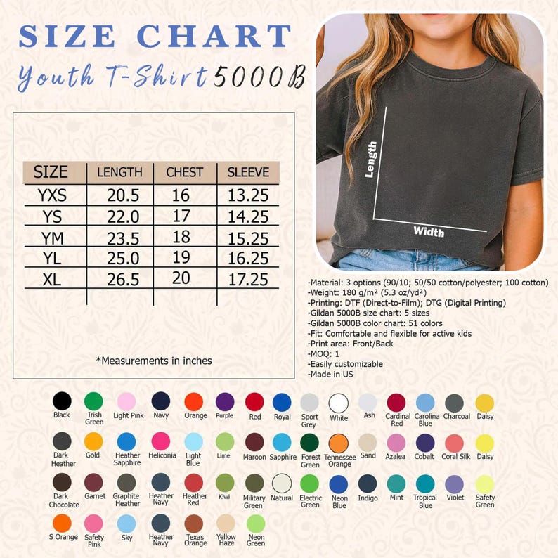 May include: Size chart for Youth T-Shirt 5000B, with measurements in inches. Includes length, chest, and sleeve sizes for YXS, YS, YM, YL, and XL. Also shows color options and material details. The shirt is comfortable and flexible for active kids.