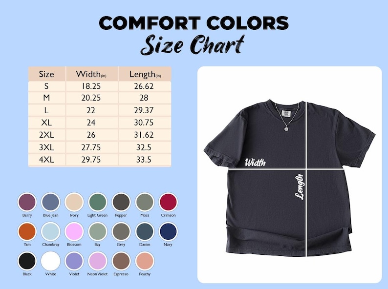 May include: A dark grey t-shirt with a size chart and colour swatches. The size chart shows measurements in inches for width and length. The shirt has a round neckline and a pendant necklace. The colour swatches include shades of blue, pink, and brown.