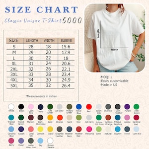 May include: A white Classic Unisex T-Shirt 5000 with a size chart. The chart lists sizes S to 5XL, with measurements in inches for length, width, and sleeve. Color swatches are displayed below the chart.
