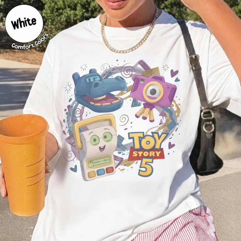 Retro Toy Story 5 Toy Meets Tech Shirt, Atlas Blue Hippo Snappy Camera T-shirt, Disney Pixar Fan Tee, Friends In Me Tee, Toystory 5 Kids Tee White