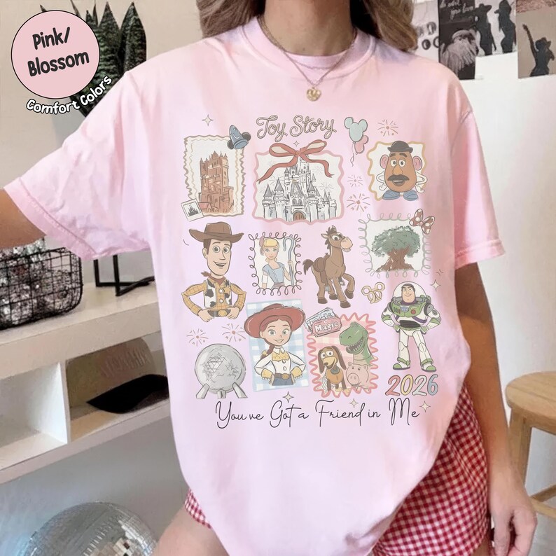 May include: Pink t-shirt with a graphic featuring characters from the movie "Toy Story." The design includes images of Woody, Buzz Lightyear, and other characters, along with the text "Toy Story" and "You've Got a Friend in Me."