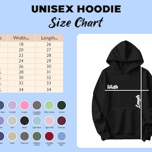 May include: Black unisex hoodie with a size chart. The chart shows width and length measurements in inches for sizes XS to 5XL. Colour options include Safety Pink, Indigo Blue, Orchid, and more.
