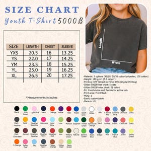 May include: Size chart for Youth T-Shirt 5000B, with measurements in inches. Includes length, chest, and sleeve sizes for YXS to XL. Features a color chart with 51 colors and material options. The shirt is comfortable and flexible for active kids.