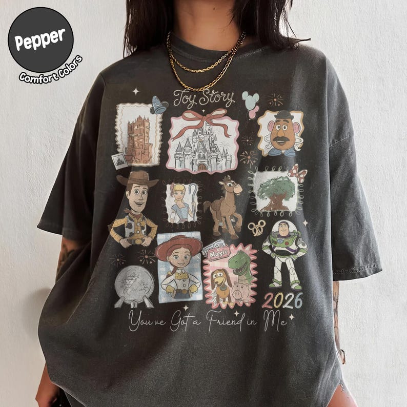 May include: Dark gray t-shirt featuring a collage of Toy Story characters and imagery. The design includes images of Woody, Buzz Lightyear, and other characters, with the text "Toy Story" and "You've Got a Friend in Me". The shirt also has the number "2026".