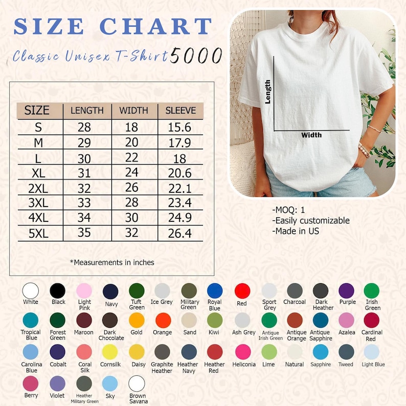 May include: A white Classic Unisex T-Shirt 5000 with a size chart. The chart lists sizes S-5XL with measurements in inches for length, width, and sleeve. Color options are displayed below the chart.