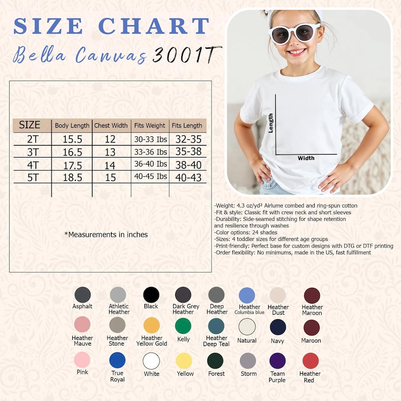 K&ouml;nnte beinhalten: Ein wei&szlig;es T-Shirt mit Gr&ouml;&szlig;entabelle und Farboptionen. Die Gr&ouml;&szlig;entabelle zeigt Ma&szlig;e in Zoll f&uuml;r Kleinkindgr&ouml;&szlig;en von 2T bis 5T. Farboptionen sind Asphalt, Schwarz und Heather Red.