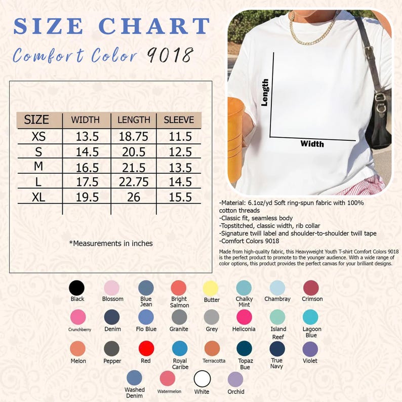 K&ouml;nnte beinhalten: Eine Gr&ouml;&szlig;entabelle f&uuml;r Comfort Colors 9018 T-Shirts mit Ma&szlig;en in Zoll. Die Tabelle enth&auml;lt die Gr&ouml;&szlig;en XS bis XL und gibt Breite, L&auml;nge und &Auml;rmelma&szlig;e an. Eine Farbpalette mit verschiedenen Optionen wird ebenfalls angezeigt.