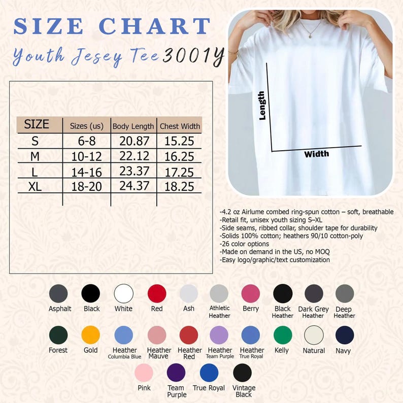 K&ouml;nnte beinhalten: Gr&ouml;&szlig;entabelle f&uuml;r ein Jugend-T-Shirt, mit Ma&szlig;en in Zoll f&uuml;r die Gr&ouml;&szlig;en S bis XL. Enth&auml;lt eine Liste der verf&uuml;gbaren Farben, wie Schwarz, Wei&szlig;, Rot und verschiedene Heather-T&ouml;ne. Das T-Shirt besteht aus weicher, atmungsaktiver Baumwolle.