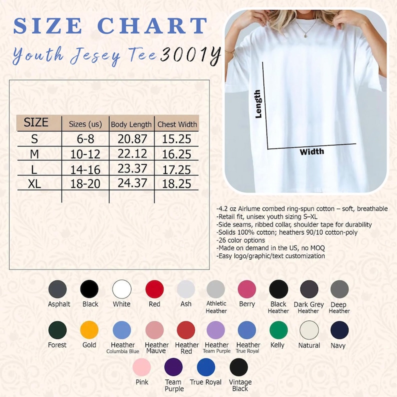 May include: A size chart for a youth jersey tee shirt, with measurements in inches for sizes S to XL. Includes a list of available colors, such as black, white, red, and various heather shades. The shirt is made of soft, breathable cotton.