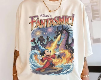 Retro Fantasmic Sorcerer Mickey Fighting Dragon Scene Shirt, Walt Disney Fantasia Villain Arc Shirt, Classic Wizard Disneyland Trip Shirt