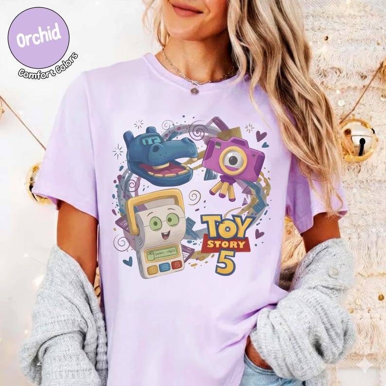 Retro Toy Story 5 Toy Meets Tech Shirt, Atlas Blue Hippo Snappy Camera T-shirt, Disney Pixar Fan Tee, Friends In Me Tee, Toystory 5 Kids Tee Orchid (Comfort)