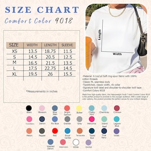 May include: A white Comfort Colors 9018 youth t-shirt size chart featuring a table with width, length, and sleeve measurements in inches for sizes XS through XL. Includes a color palette with 32 labeled circular swatches and product details.