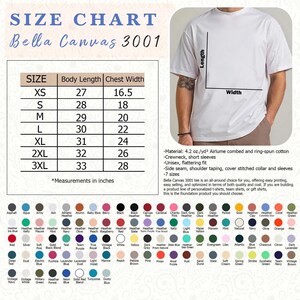 K&ouml;nnte beinhalten: Ein wei&szlig;es Bella Canvas 3001 T-Shirt mit Gr&ouml;&szlig;entabelle und Farbauswahl. Die Tabelle zeigt K&ouml;rperl&auml;nge und Brustweite in Zoll, von XS bis 3XL. Das Shirt hat einen Rundhalsausschnitt, kurze &Auml;rmel und eine schmeichelhafte Passform.