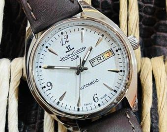 Vintage Jaeger-LeCoultre Club Automatic, Date/Day, 1970s Swiss Made Men's Watch, White Dial With Brown Strap, Gift for him