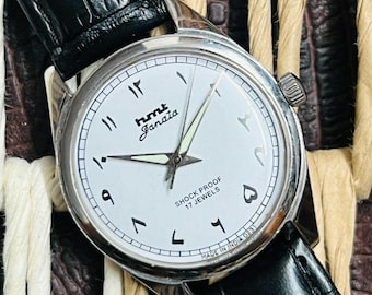 ヴィンテージHMT Janata機械式手巻きブラックダイヤル17ジュエル腕時計
