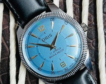 Vintage Oris blauwe wijzerplaat mechanisch handopwind 17 juwelen polshorloge, Zwitserse makelij