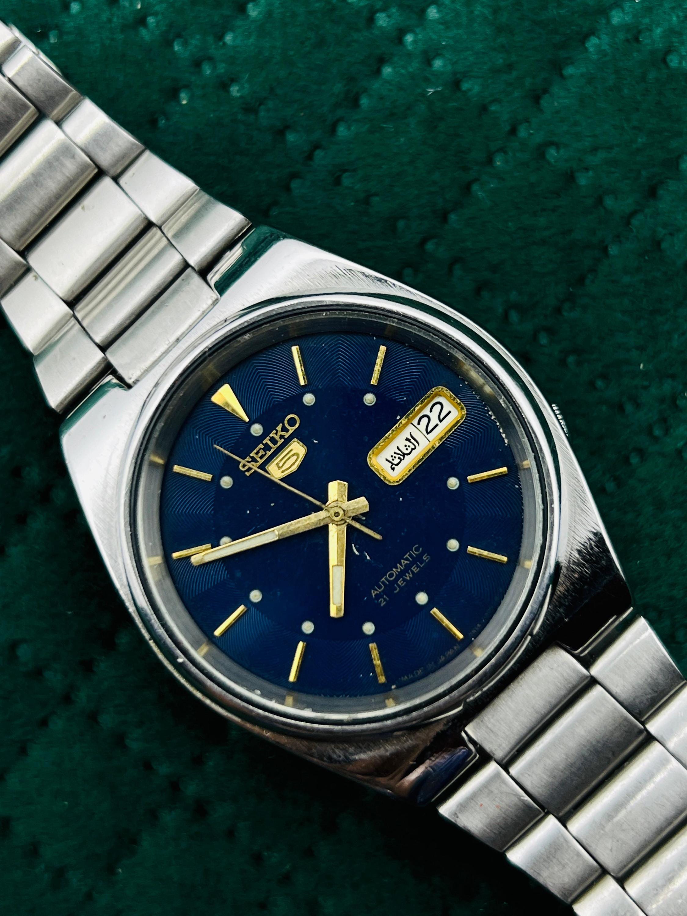 Vintage Seiko 5 Automatic Watch Blue Dial 21 Jewels Japan Made