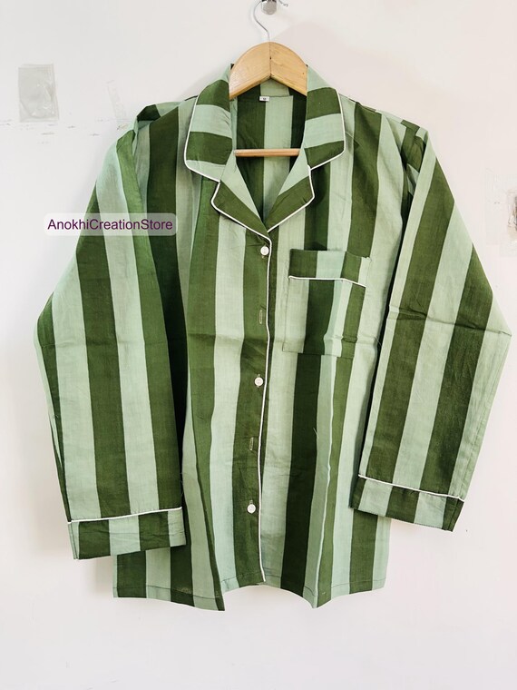 Green striped made cotton PJ sets | Women wear pajamas | Handmade pajamas | Long sleeve pajama set | Bridesmaid pajamas | Gift for her.