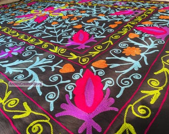 Hand Embroidered Suzani Cotton Bedsheet | Multicolor Floral Wall Hanging Throw